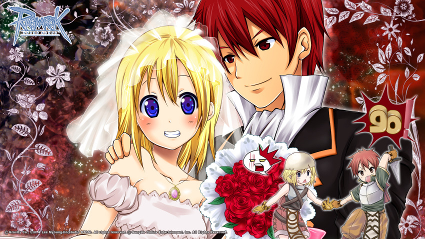 1boy 1girl backpack bag black_jacket blazer blonde_hair blue_eyes blush bouquet bridal_veil broom brown_bag brown_gloves brown_pants chest_guard closed_mouth copyright_notice dagger dress eggshell_hat flower gloves grey_shirt grin guest_art hair_between_eyes hand_on_another&#039;s_shoulder hetero highres holding holding_bouquet holding_dagger holding_knife holding_weapon jacket knife logo long_bangs looking_at_viewer novice_(ragnarok_online) official_art official_wallpaper pants pink_shorts ragho_no_erika ragnarok_online red_background red_eyes red_flower red_hair red_rose rose shirt short_hair short_sleeves shorts sleeveless sleeveless_shirt smile strapless strapless_dress triangle_mouth upper_body veil weapon wedding wedding_dress white_dress