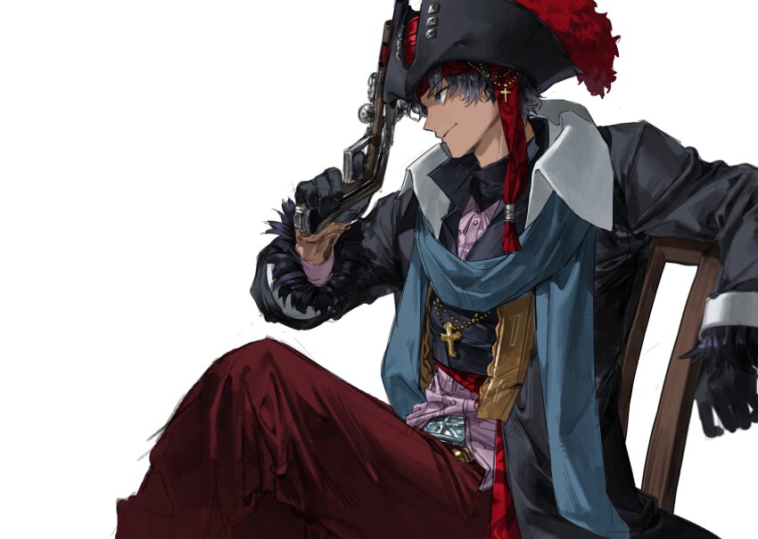 1boy absurdres antique_firearm bartholomew_roberts_(fate) black_gloves black_hair blue_eyes blue_scarf chair cross cross_necklace dark-skinned_male dark_skin fate/grand_order fate_(series) firearm firelock flintlock gloves gun hat highres holding holding_gun holding_weapon jewelry necklace pirate_hat potato_goril scarf sitting weapon white_background