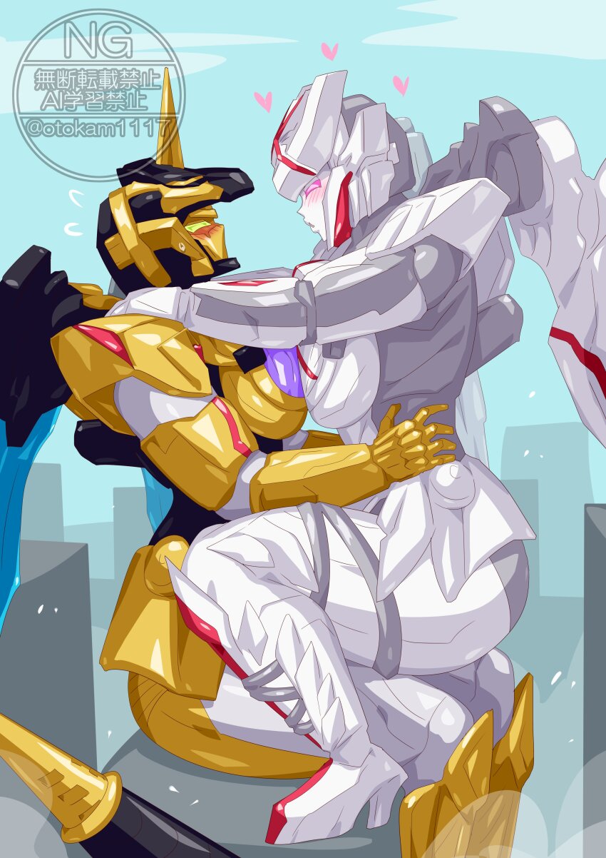 2girls absurdres black_helmet blush breasts colored_skin giant_robo gold_skin helmet highres looking_at_another mecha multiple_girls no.1_sentai_gozyuger no_humans otokamu purple_eyes queen queen_tegajune robot super_sentai tega_sword_black tokusatsu unicorn white_skin yellow_eyes