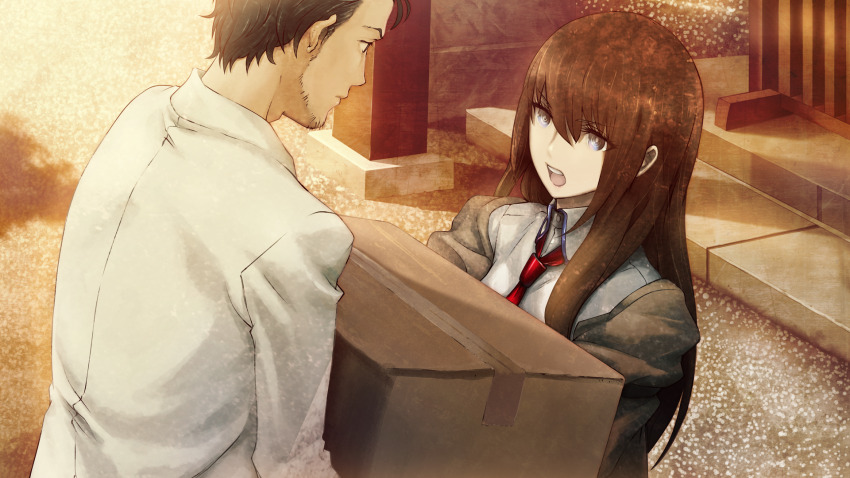 1boy 1girl angry annoyed arm_strap assisted_carrying beard_stubble belt black_hair box brown_hair brown_jacket carrying carrying_box coat collared_shirt duct_tape ears_visible_through_hair eye_contact eyelashes facial_hair game_cg hair_between_eyes hair_over_shoulder highres huke jacket jacket_partially_removed lab_coat long_hair long_sleeves looking_at_another makise_kurisu messy_hair narrowed_eyes necktie non-web_source official_art okabe_rintarou outdoors pink_lips purple_eyes purple_trim red_necktie ringed_eyes shirt short_hair shrine steins;gate stubble sunset teeth tongue upper_teeth_only very_short_hair white_coat yellow_eyes
