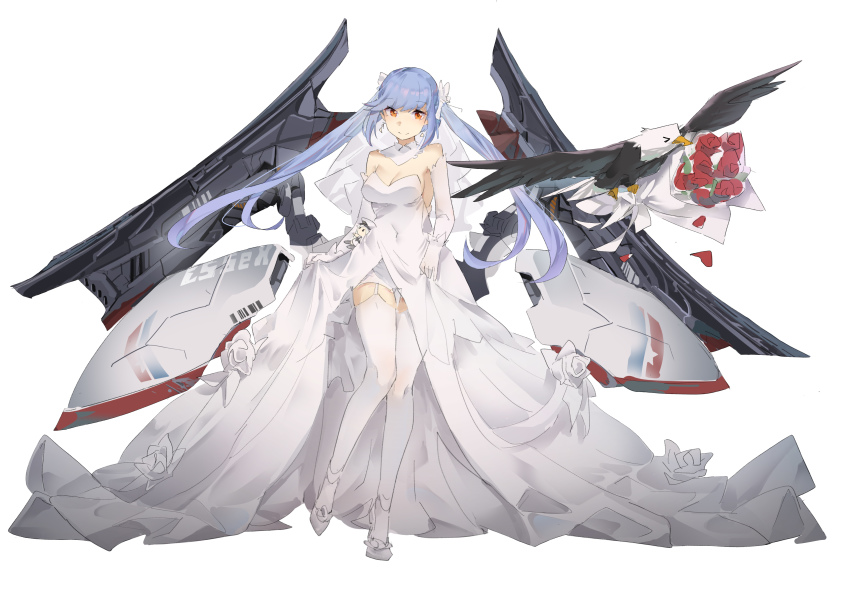 1girl absurdres animal azur_lane bird blue_hair bouquet clothes_lift dress dzaxz eagle essex_(azur_lane) flower hair_ornament highres long_hair rose shirt_lift smile twintails wedding_dress white_dress