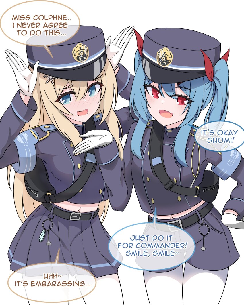 2girls absurdres armband blonde_hair blue_archive blue_armband blue_hair blush colphne_(girls&#039;_frontline_2) cosplay crossover embarrassed english_text girls&#039;_frontline girls&#039;_frontline_2:_exilium hat highres hikari_(blue_archive) hikari_(blue_archive)_(cosplay) long_hair multiple_girls nozomi_(blue_archive) nozomi_(blue_archive)_(cosplay) pantyhose peaked_cap risu_(risu028) speech_bubble suomi_(girls&#039;_frontline) suomi_(girls&#039;_frontline_2) train_conductor white_background white_pantyhose