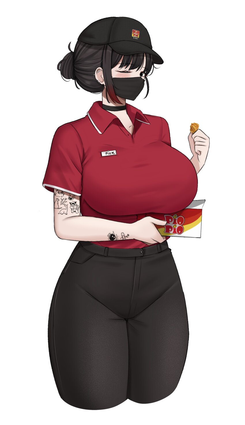 1girl absurdres arm_tattoo bandaid_tattoo barbell_piercing black_choker black_eyes black_hair black_hat black_mask black_pants blush bob-omb box breasts character_tattoo choker commentary covered_mouth cropped_legs ear_piercing food gen_1_pokemon gradient_hair hair_bun hat heart highres holding holding_box holding_food industrial_piercing jake_the_dog large_breasts looking_at_viewer mask mouth_mask multicolored_hair multiple_tattoos name_tag one_eye_closed original pants piercing red_hair red_shirt shirt short_hair short_sleeves simple_background single_hair_bun single_sidelock solo squirtle tattoo tight_clothes tight_pants white_background wing_collar yukaraishin