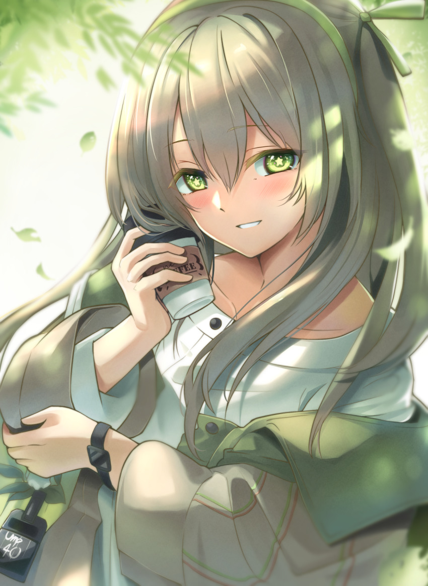 1girl blush breasts casual collarbone cup disposable_coffee_cup disposable_cup girls&#039;_frontline green_eyes green_hairband green_ribbon grey_hair hair_ribbon hairband highres holding holding_cup id_card jacket long_hair long_sleeves looking_at_viewer multicolored_jacket official_alternate_costume open_clothes open_jacket open_mouth petals ribbon shirt simple_background smile solo star-shaped_pupils star_(symbol) symbol-shaped_pupils two-tone_jacket ump40_(girls&#039;_frontline) ump40_(moon_river)_(girls&#039;_frontline) upper_body watch white_shirt xlscaler