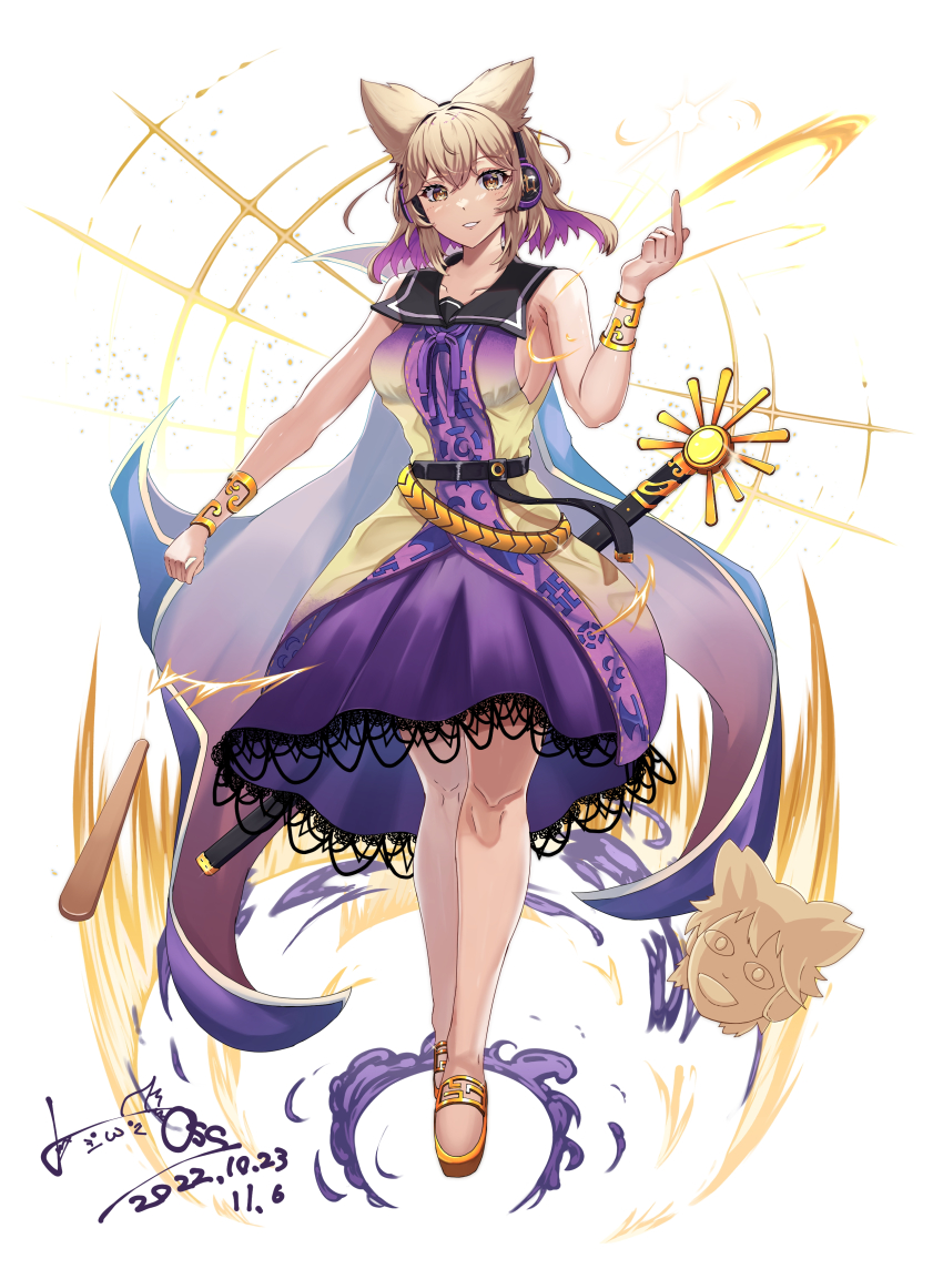 1girl absurdres anklet bracelet breasts cape earmuffs hair_between_eyes highres hossy jewelry looking_at_viewer medium_breasts pointy_hair short_hair sideboob signature skirt sleeveless solo standing touhou toyosatomimi_no_miko