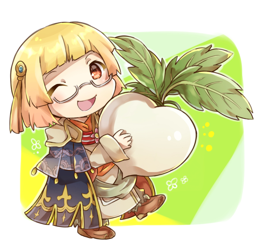 1boy ;d arthur_(rune_factory) blonde_hair blue_cloak blunt_bangs brown_shoes chibi cloak commentary_request food full_body glasses hair_ornament highres holding holding_food holding_vegetable long_sleeves looking_at_viewer male_focus one_eye_closed open_mouth rune_factory rune_factory_4 shoes short_hair smile solo standing turnip vegetable yutori_(ayuyutori)