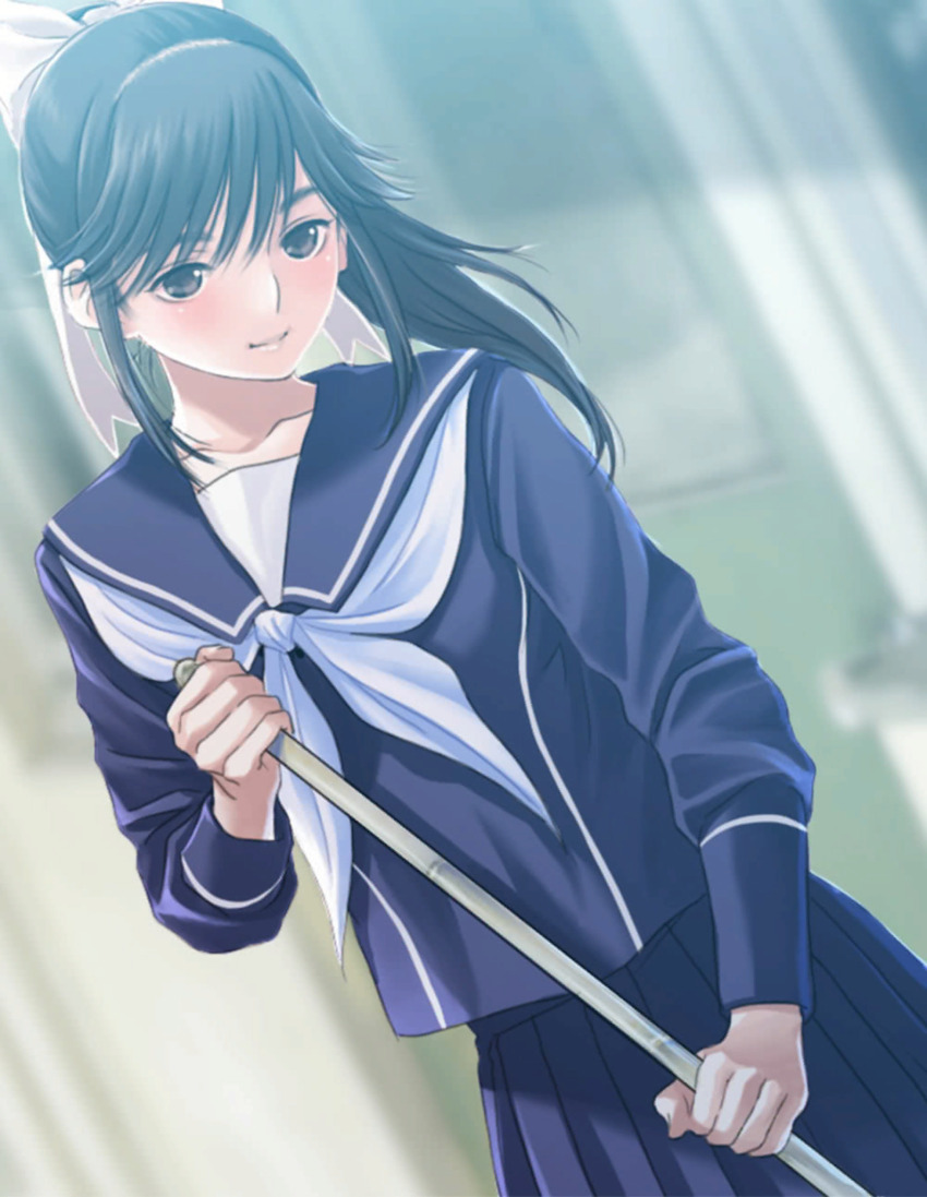 1girl black_eyes black_hair blue_sailor_collar blue_serafuku blue_skirt blurry blurry_background blush bow broom closed_mouth collarbone cowboy_shot depth_of_field dutch_angle hair_bow hair_ribbon highres holding holding_broom long_sleeves love_plus neckerchief official_art pleated_skirt ponytail ribbon sailor_collar school_uniform serafuku shadow sidelocks skirt solo standing takane_manaka white_neckerchief white_ribbon winter_uniform