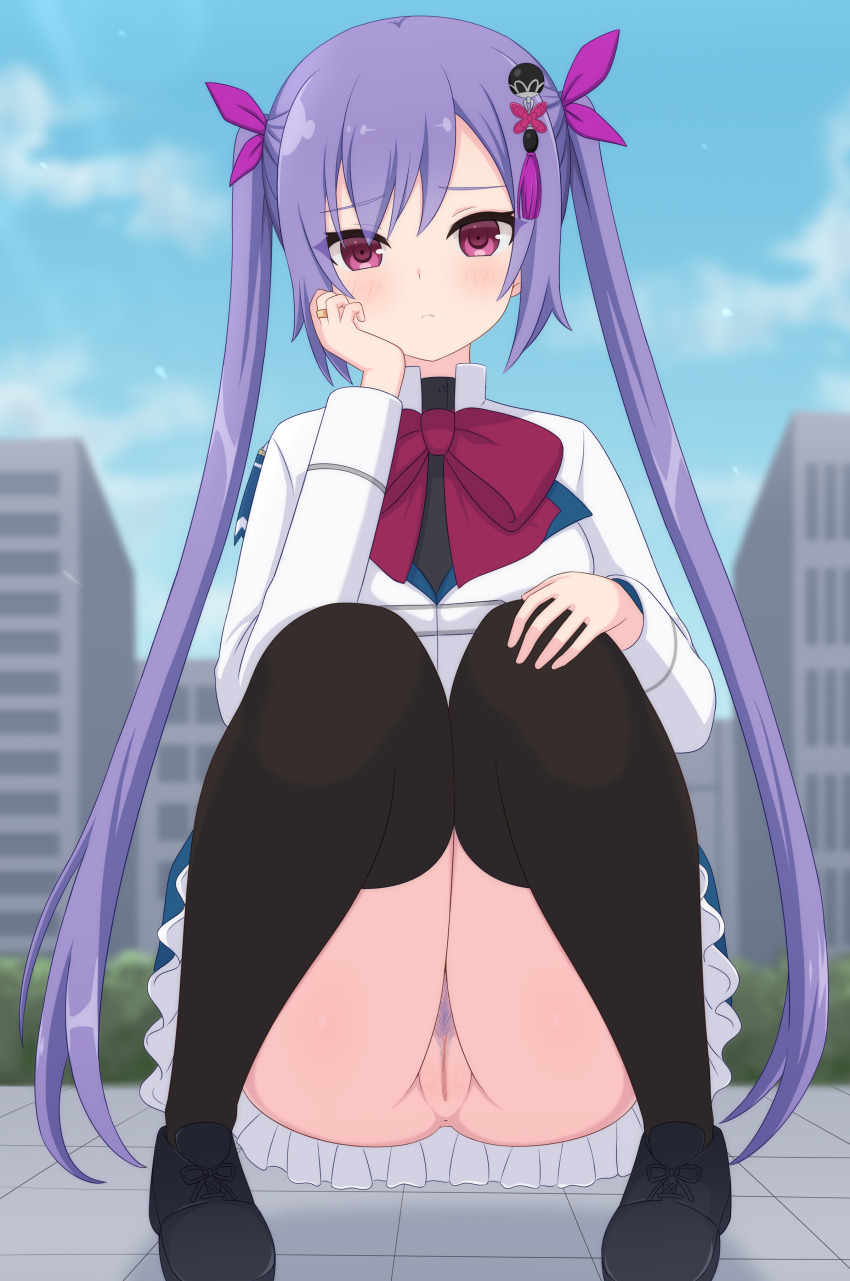 1girl absurdres anus assault_lily black_shirt black_shoes black_thighhighs blue_sky blurry blurry_background blush bow bowtie breasts building censored city closed_mouth cloud colored_pubic_hair commentary_request day feet_out_of_frame female_pubic_hair hair_ornament hair_ribbon hand_on_own_cheek hand_on_own_face hand_on_own_knee hands_up haniwa_(kiminozorazio) herensuge_girls_academy_school_uniform highres jacket jewelry knees_together_feet_apart loafers long_hair long_sleeves looking_at_viewer matsumura_fuuka medium_breasts mosaic_censoring no_panties outdoors pink_eyes pink_ribbon pubic_hair purple_hair purple_pubic_hair pussy raised_eyebrows red_bow red_bowtie ribbon ring school_uniform shirt shoes sky solo squatting tassel tassel_hair_ornament thighhighs twintails very_long_hair white_jacket