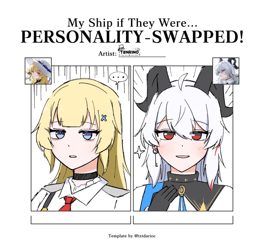 ... 2girls ahoge artist_logo black_choker black_collar black_eyes black_gloves black_horns blonde_hair blue_eyes blue_sash choker collar collared_shirt commentary cosplay costume_switch curled_horns earrings english_commentary english_text gloves hair_ornament hand_up highres horns jewelry key_earrings logo long_hair multicolored_eyes multicolored_hair multiple_girls necktie official_art_inset out_of_character parted_lips personality_switch phoebe_(wuthering_waves) red_eyes red_necktie sash shirt smile spoken_ellipsis streaked_hair tenrino two-tone_eyes white_hair white_shirt wuthering_waves x_hair_ornament zani_(wuthering_waves)