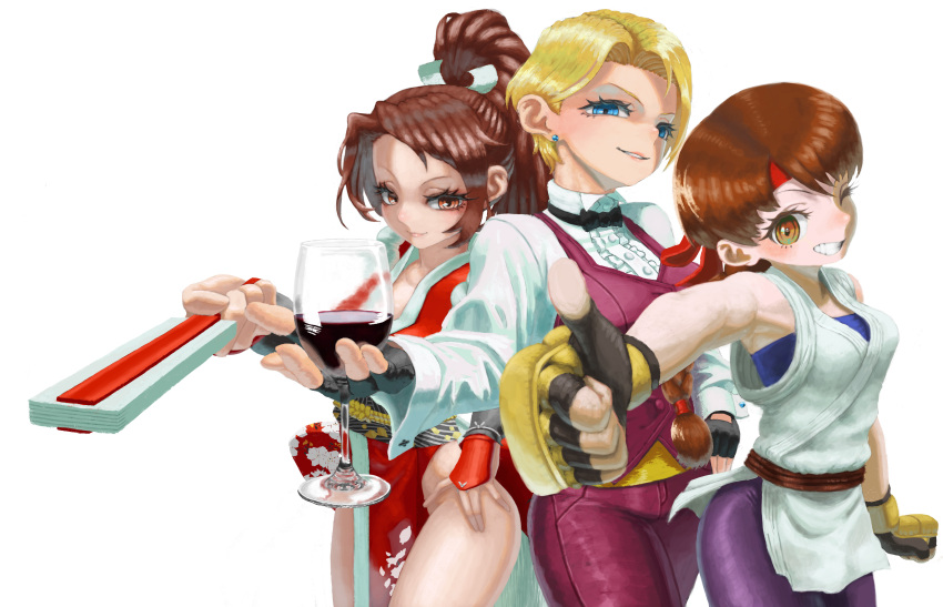 3girls absurdres alcohol blonde_hair blue_eyes braid breasts brown_hair commentary cup drinking_glass earrings fatal_fury fingerless_gloves folded_fan folding_fan gloves hand_fan headband high_ponytail highres japanese_clothes jewelry king_(snk) large_breasts long_hair multiple_girls ninja nojob_hiro one_eye_closed ponytail red_headband revealing_clothes ryuuko_no_ken shiranui_mai short_hair simple_background single_braid spandex the_king_of_fighters thumbs_up white_background wine wine_glass yuri_sakazaki