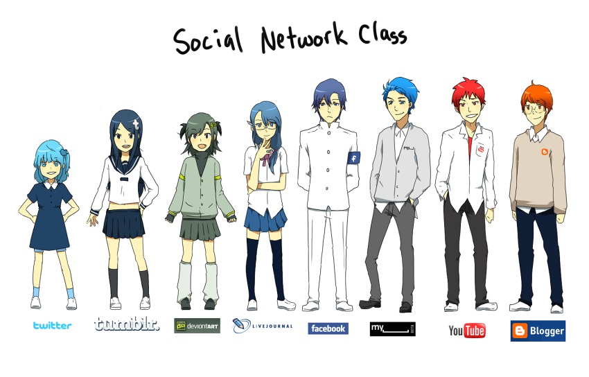 4boys 4girls aqua_hair armband blogger blue_hair deviantart dress facebook glasses google green_hair hair_ornament hand_on_own_hip hands_in_pockets hands_on_own_hips hip_focus jacket_(jackt) livejournal long_hair long_sleeves loose_socks meryl_santos midriff multiple_boys multiple_girls myspace open_mouth orange_hair personification red_hair school_uniform shirt shoes skirt socks sweater thighhighs tumblr twintails twitter white_shirt youtube zettai_ryouiki
