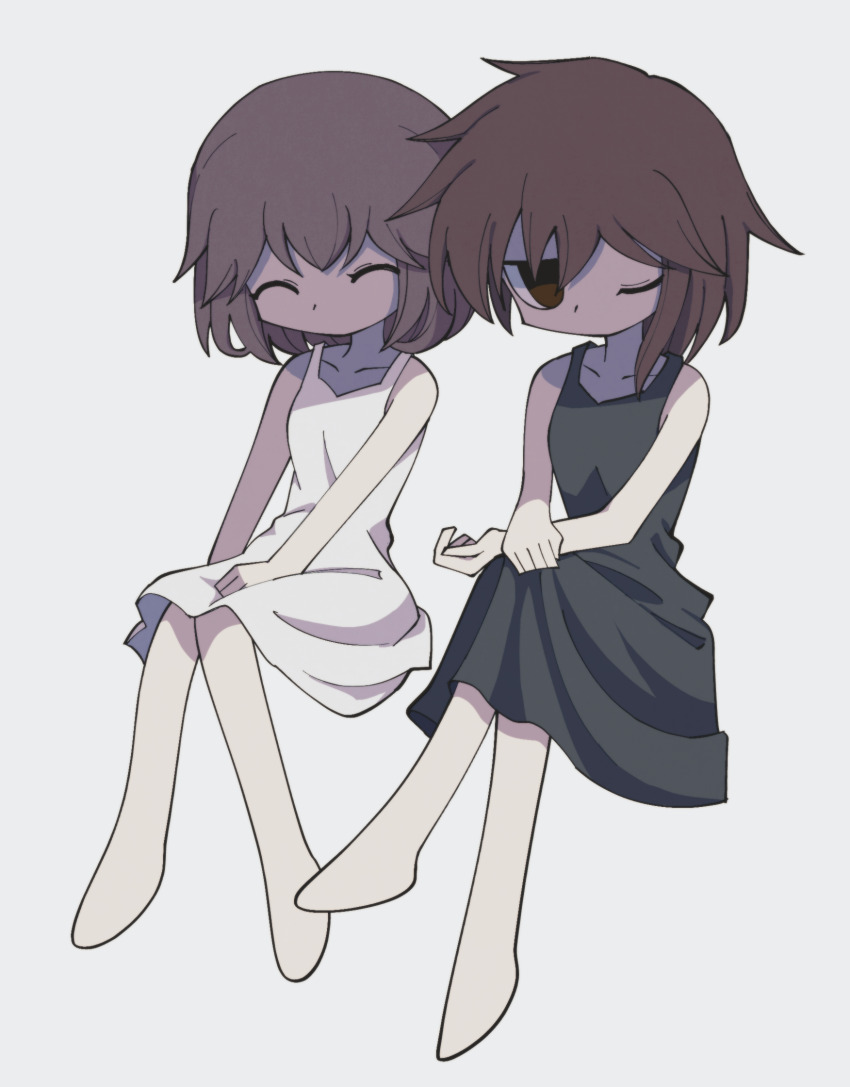 2girls alternate_costume atoymk barefoot black_dress breasts brown_eyes brown_hair cine_hamal closed_eyes dress genderswap genderswap_(otf) highres invisible_chair kurohebi kuzu_suzumi len&#039;en medium_hair multiple_girls no_headband no_mouth one_eye_closed simple_background sitting sleeveless sleeveless_dress small_breasts white_background white_dress