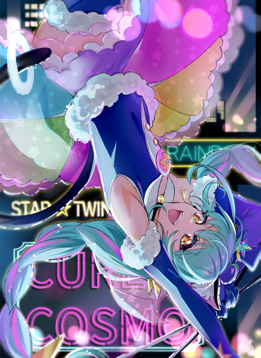 1girl animal_ear_fluff animal_ears aqua_hair arm_behind_head arm_up armpits bare_shoulders blue_gloves blue_hat blue_shirt blue_sleeves blue_theme braid brooch buttons cat_ears cat_girl cat_tail character_name circle_skirt collared_shirt copyright_name cowboy_shot cure_cosmo detached_sleeves earrings eyelashes floating_clothes floating_hair fur-trimmed_skirt fur-trimmed_sleeves fur-trimmed_thighhighs fur_trim gloves gold_earrings happy hat highres holding holding_staff jewelry light_particles long_hair long_sleeves low_twin_braids magical_girl mini_hat mini_top_hat miniskirt multicolored_hair multicolored_skirt night open_mouth outdoors pink_hair precure rainbow_skirt shipu_(gassyumaron) shirt skirt skyline sleeveless sleeveless_shirt smile solo staff star_twinkle_precure streaked_hair tail tail_ornament tail_ring teeth thighhighs top_hat triangle_earrings twin_braids two-tone_hair upper_teeth_only upside-down very_long_hair yellow_eyes yuni_(precure)