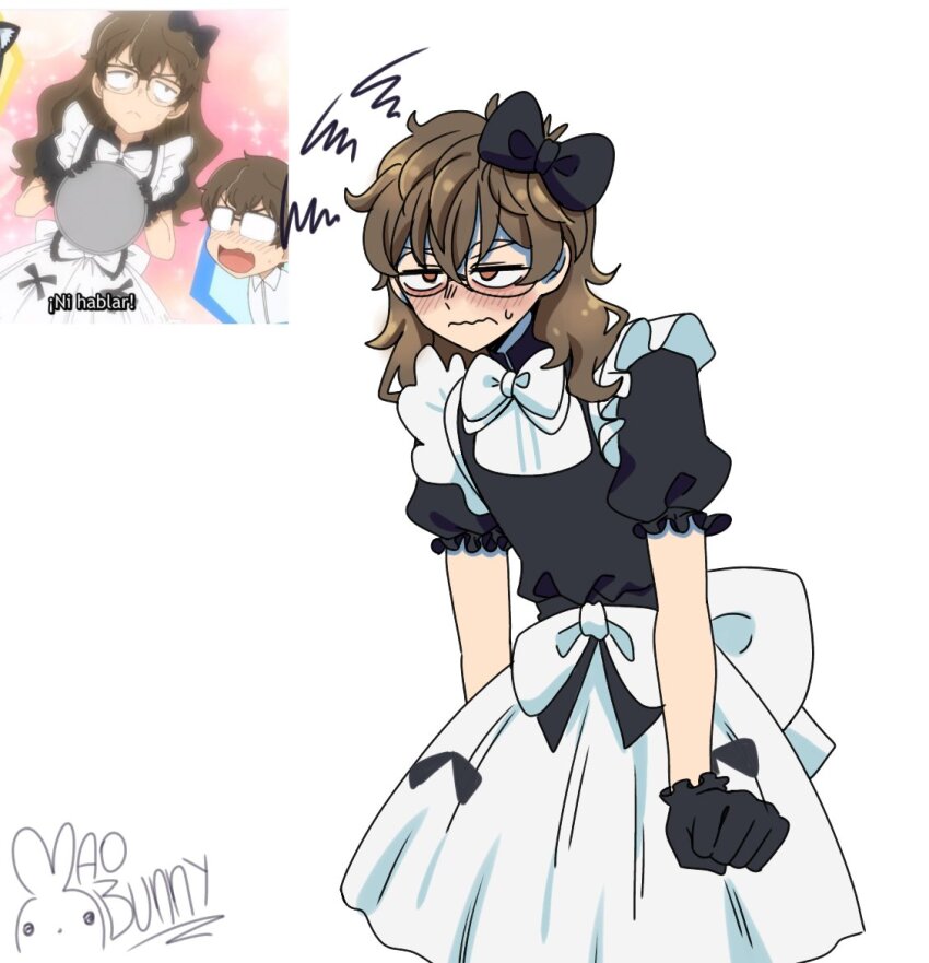 1boy alternate_costume black_bow black_gloves bow brown_eyes brown_hair commentary_request crossdressing crossdressing_(mtf) enmaided frown gloves hachiouji_naoto hair_bow ijiranaide_nagatoro-san maid male_focus mao_bunny medium_hair official_alternate_hair_length official_alternate_hairstyle reference_inset signature slouching solo spanish_commentary sweatdrop wavy_mouth