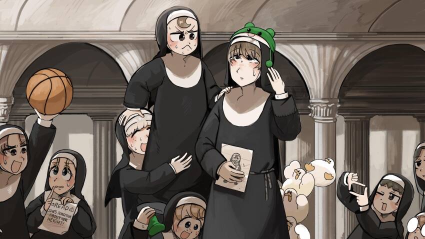 6+girls :&lt; :d ball basketball_(object) bird black_hair blonde_hair blue_eyes brown_eyes brown_hair chicken clumsy_nun_(diva) commentary diva_(hyxpk) duck english_commentary finger_frame freckles frog_hat froggy_nun_(diva) glasses glasses_nun_(diva) green_hat green_socks grey_hair hat highres hungry_nun_(diva) lifting_person little_nuns_(diva) multiple_girls note nun open_mouth round_eyewear sheep_nun_(diva) smile socks sweat traditional_nun