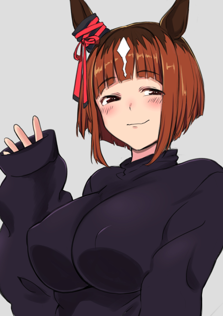 1girl alternate_costume animal_ears black_sweater breasts brown_hair closed_mouth commentary_request covered_erect_nipples ear_ornament grey_background hair_between_eyes hakase_yurisuki highres horse_ears horse_girl large_breasts long_sleeves looking_at_viewer multicolored_hair red_eyes simple_background sleeves_past_wrists smile solo streaked_hair sweater transcend_(umamusume) umamusume upper_body white_hair