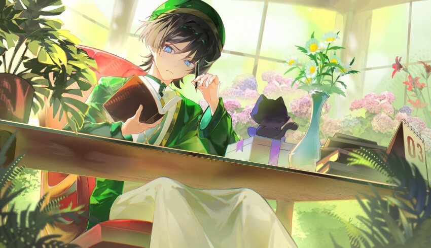 1boy akademiya_uniform alternate_costume black_hair blue_eyes blunt_ends book book_stack calendar_(object) chair closed_mouth coat cu09291 daisy_(flower) eyeliner eyeshadow fingernails flower garden genshin_impact glint gold_trim green_coat green_hair green_hat green_sleeves hair_intakes hands_up hat highres holding holding_book holding_pen hydrangea indoors leaf long_sleeves looking_at_object makeup male_focus mandarin_collar multicolored_hair open_book pen plant potted_plant reading red_eyeliner red_eyeshadow red_flower robe scaramouche_(cat)_(genshin_impact) scaramouche_(genshin_impact) sitting solo streaked_hair stuffed_animal stuffed_toy sweatdrop table tsurime vase white_flower white_robe window wooden_table