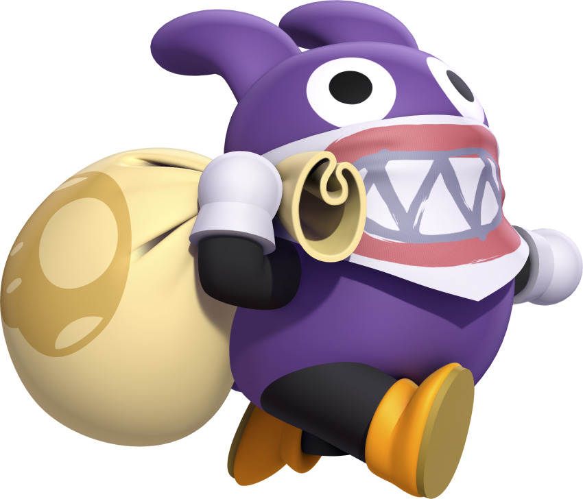 1other 3d arms_up bandana bandana_over_mouth black_eyes black_skin boots colored_skin full_body gloves highres holding holding_sack logo mario_(series) multicolored_skin nabbit new_super_mario_bros._u nintendo official_art orange_boots other_focus outstretched_arm print_bandana purple_skin rabbit_ears sack simple_background solo third-party_source transparent_background two-tone_skin white_bandana white_gloves