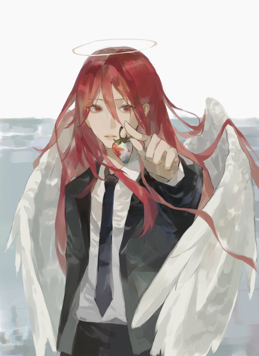 1boy angel angel_devil_(chainsaw_man) angel_wings black_jacket black_necktie black_suit business_suit chainsaw_man feathered_wings formal_clothes glowing glowing_halo halo highres jacket kakyoriya necktie shirt_tucked_in suit suit_jacket traditional_halo white_wings wings
