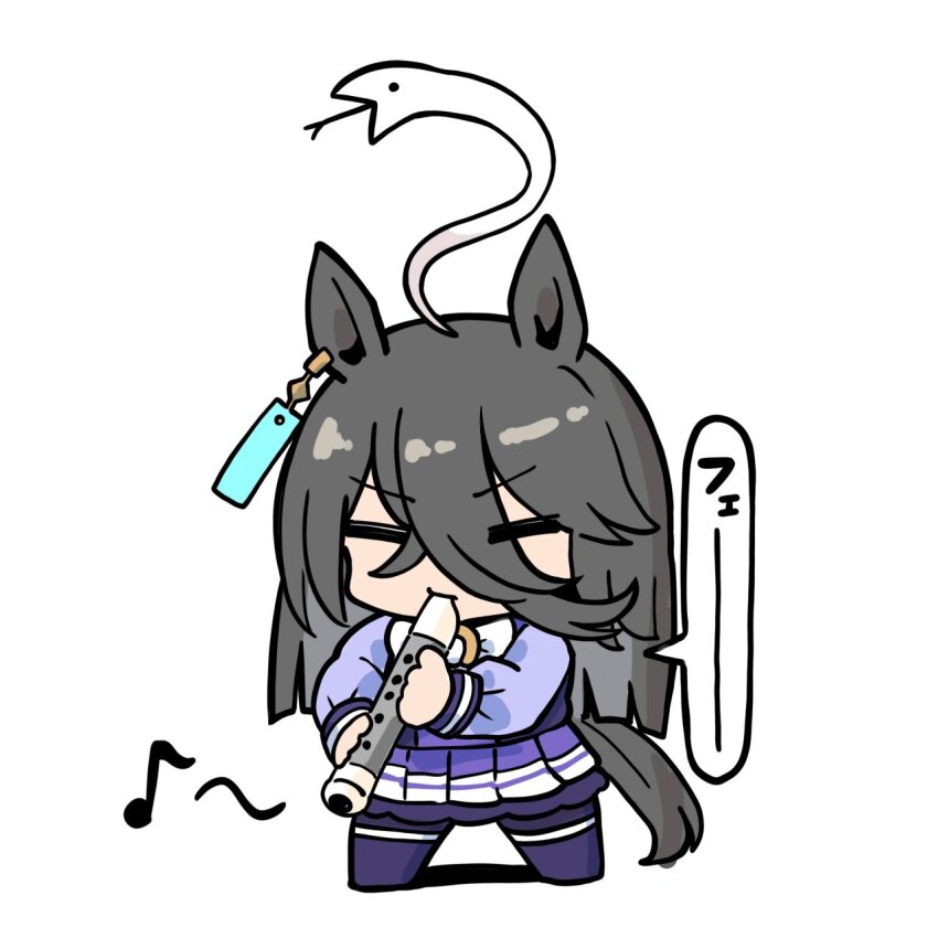1girl animal_ears black_hair bow chibi closed_eyes commentary_request eighth_note flute full_body hair_between_eyes highres holding holding_instrument horse_ears horse_girl horse_tail instrument kawamochi_(kawauti919) long_hair long_sleeves manhattan_cafe_(umamusume) multicolored_hair music musical_note no_shoes playing_instrument pleated_skirt puffy_long_sleeves puffy_sleeves purple_shirt purple_skirt purple_thighhighs school_uniform shadow shirt simple_background skirt snake_charmer snake_hair solo standing tail thighhighs tracen_school_uniform translation_request two-tone_hair umamusume very_long_hair white_background white_bow white_hair