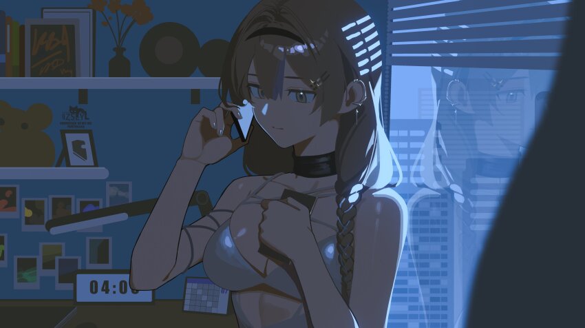 1girl absurdres alarm_clock black_choker black_hairband bra braid breasts building choker cleavage clock curtains earrings hair_ornament hairband hairclip highres indoors izsly jewelry large_breasts original polaroid_photo side_braid single_braid talking_on_phone underwear white_bra window