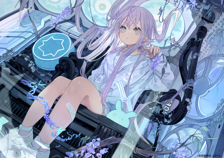 1girl absurdres arm_up broken broken_chain chain commentary_request computer computer_fan copyright_name flower grey_eyes hair_spread_out highres legs long_hair long_sleeves looking_at_viewer motherboard original parted_lips purple_flower purple_hair sitting solo tokiwata_soul very_long_hair white_footwear