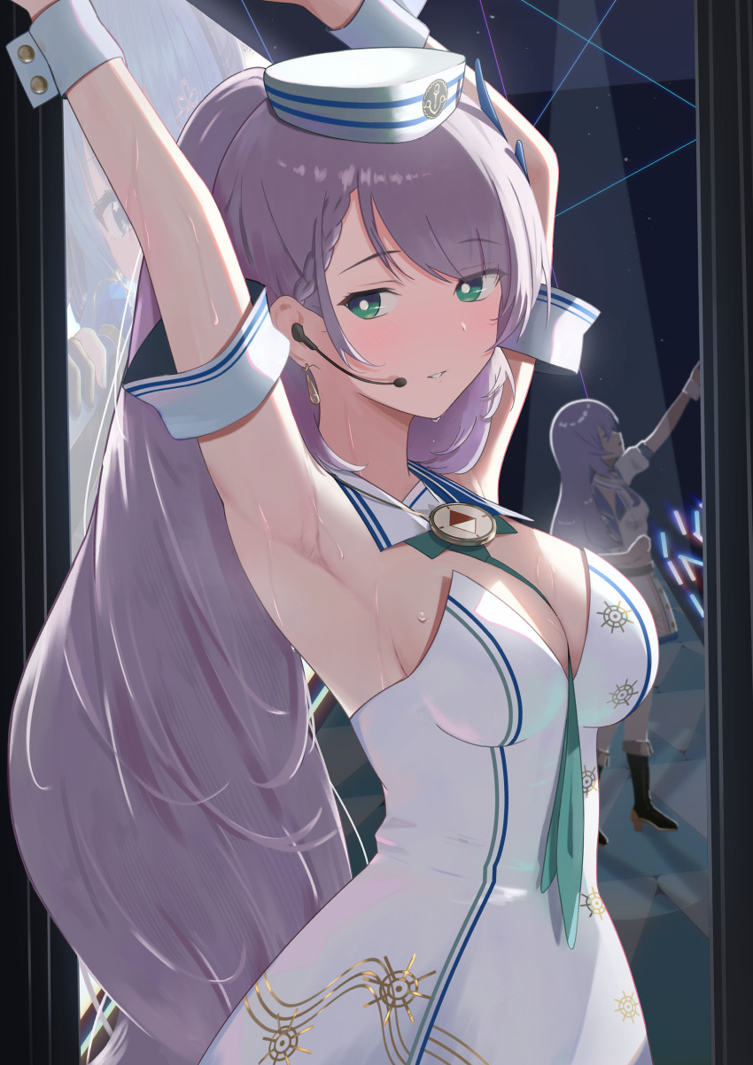 3girls absurdres alternate_costume armband armpits arms_up audience between_breasts boots braid braided_bangs breasts bright_pupils compass concert crying detached_collar dress feather_hair_ornament feathers glowstick green_eyes green_necktie grey_hair hair_ornament hat highres hololive hololive_indonesia hoshimachi_suisei idol idol_clothes large_breasts looking_back moona_hoshinova multiple_girls necktie necktie_between_breasts parted_lips pavolia_reine ponytail purple_hair sailor_collar sailor_dress sailor_hat screen solo_focus stage strapless strapless_dress sweat swept_bangs tataki_worker virtual_youtuber white_armband white_dress white_hat white_pupils wing_collar wrist_cuffs