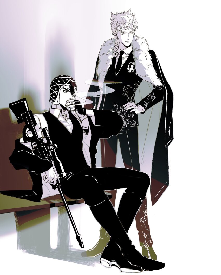 2boys boots braid bug cigarette closed_mouth coat commentary fingerless_gloves full_body fur_trim giorno_giovanna gloves guido_mista gun hako_iix07 hand_on_own_hip hat highres holding holding_weapon insect jojo_no_kimyou_na_bouken ladybug long_hair long_sleeves looking_to_the_side male_focus multiple_boys necktie open_clothes shirt short_hair sitting smoke smoking standing symbol-only_commentary vento_aureo vest weapon