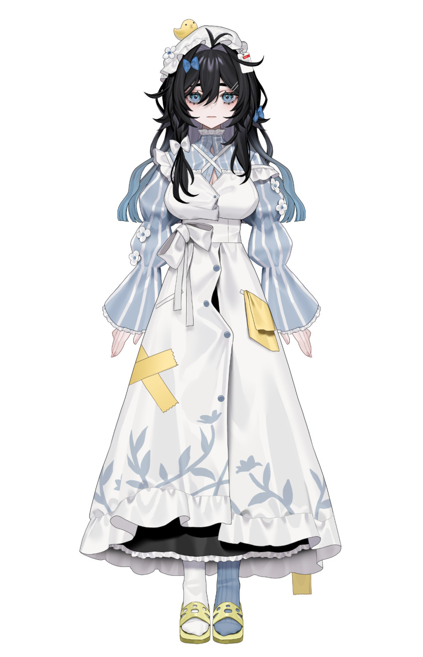 1girl :| asymmetrical_legwear awabami_hawako baby_animal bebe_(bebe_pp) bird black_hair blue_bow blue_eyes blue_hair blue_socks bow breasts chick cleavage closed_mouth dress full_body gradient_hair hair_bow hat highres long_hair looking_at_viewer maid mismatched_legwear multicolored_hair official_art price_tag shoes simple_background socks solo standing striped_clothes striped_socks tachi-e transparent_background unconventional_maid vebop_project virtual_youtuber white_bow white_hat white_socks yellow_shoes