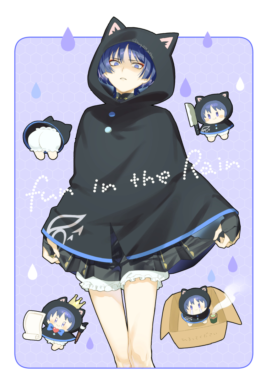 1boy animal_ear_hood animal_ears black_cloak black_hood black_skirt bloomers blue_bow blunt_ends blush_stickers bow box bright_pupils brooch calligraphy_brush cardboard_box cat_ears chibi cloak closed_mouth crown crying cup curtsey disgust eyeliner eyeshadow fake_animal_ears genshin_impact glaring gold_crown googly_eyes hag_(hag_015) hakama hakama_skirt heart heart_brooch highres holding holding_brush honeycomb_(pattern) honeycomb_background hood hood_up hooded_cloak japanese_clothes jewelry knife looking_at_viewer makeup male_focus mandarin_collar open_mouth paintbrush paper pleated_skirt purple_background purple_eyes purple_hair red_eyeliner red_eyeshadow scaramouche_(genshin_impact) shaded_face skirt skirt_hold smile solo standing steam streaming_tears tea tears twitter_username underwear wanderer_(genshin_impact) water_drop white_background white_bloomers white_mouth white_pupils yunomi