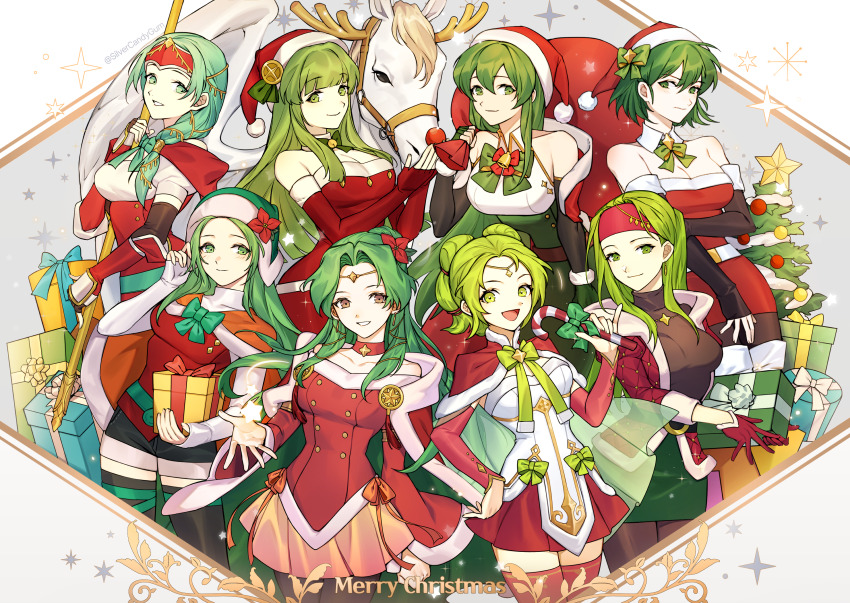 6+girls absurdres alternate_costume antlers breasts candy candy_cane cape christmas christmas_present christmas_tree cleavage color_connection commentary commission detached_sleeves dress elincia_ridell_crimea english_commentary erinys_(fire_emblem) fake_horns female_focus fire_emblem fire_emblem:_genealogy_of_the_holy_war fire_emblem:_path_of_radiance fire_emblem:_the_sacred_stones fire_emblem:_thracia_776 fire_emblem_echoes:_shadows_of_valentia food fur-trimmed_cape fur-trimmed_headwear fur_trim gift green_eyes green_hair hair_color_connection hat highres holding holding_candy holding_candy_cane holding_food holding_gift holding_polearm holding_sack holding_weapon horns in-franchise_crossover l&#039;arachel_(fire_emblem) long_hair looking_at_viewer matching_hair/eyes merry_christmas misha_(fire_emblem) multiple_girls nephenee_(fire_emblem) nintendo palla_(fire_emblem) pegasus pixiv_commission polearm reindeer_antlers sack santa_costume santa_hat sigrun_(fire_emblem) silvercandy_gum skirt sleeveless sleeveless_dress smile syrene_(fire_emblem) trait_connection weapon