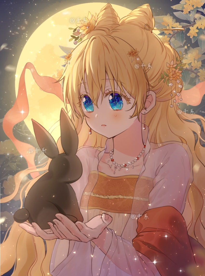 1girl alternate_costume animal artist_name athanasia_de_alger_obelia blonde_hair blue_eyes bow-shaped_hair chinese_clothes chinese_commentary commentary cone_hair_bun cupping_hands earrings flower full_moon gem_eyes hair_bun hair_flower hair_ornament hair_stick hanfu highres holding holding_animal holding_rabbit jewelry long_hair long_sleeves looking_at_animal mid-autumn_festival moon necklace own_hands_together parted_lips pearl_necklace pink_hanfu qianxi55343 qixiong_ruqun rabbit solo upper_body very_long_hair who_made_me_a_princess