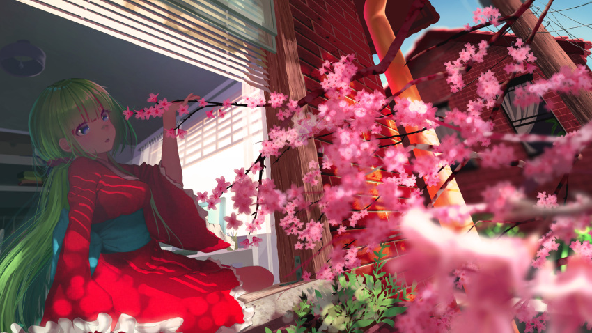 1girl breasts brick_wall cherry_blossoms clip_studio_paint_(medium) commentary english_commentary flower green_hair highres japanese_clothes kimono lamp long_hair low_ponytail mocha_(osu!) osu! pink_flower ponytail purple_eyes red_kimono scenery shaoviie sitting sitting_in_window solo tree very_long_hair