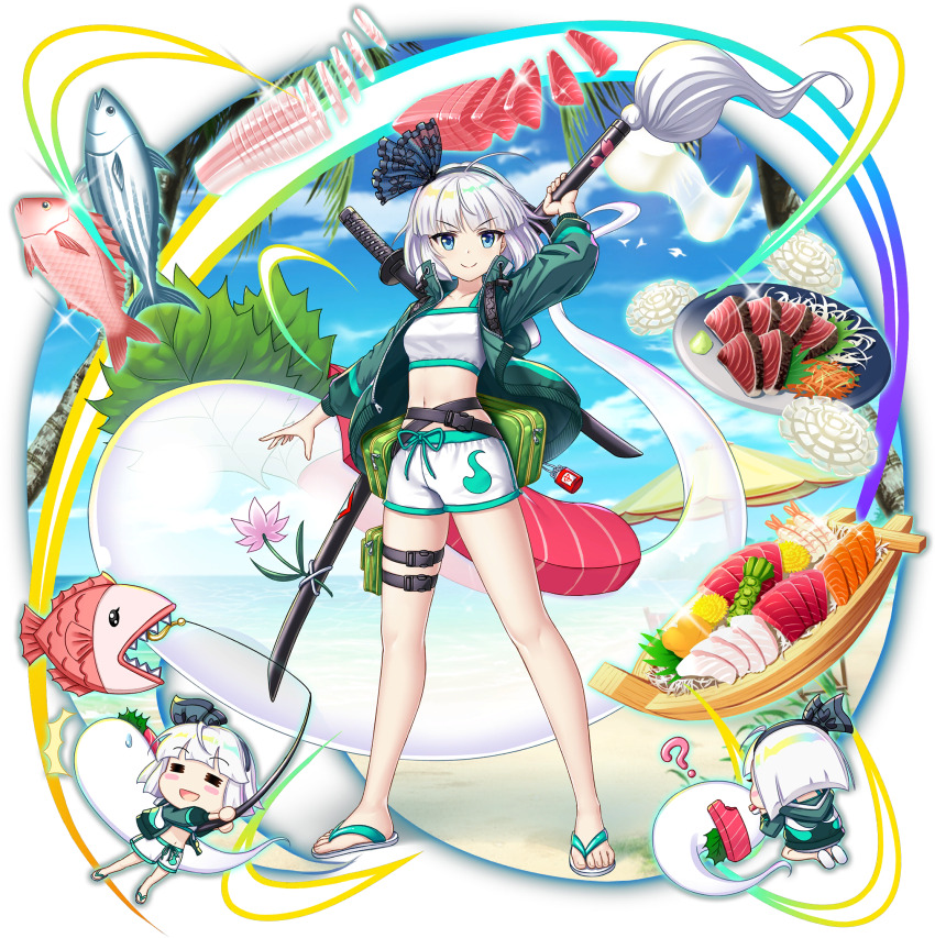1girl ? ahoge alternate_costume beach beach_umbrella bikini black_hairband blue_eyes blue_sky blunt_bangs closed_mouth day eating fish fish_(food) fish_request fishing_rod flower food food_request full_body game_cg green_jacket grey_hair hairband highres hitodama hitodama_print holding holding_behind_back holding_fishing_rod holding_sword holding_sword_behind_back holding_weapon holding_weapon_behind_back jacket katana konpaku_youmu konpaku_youmu_(ghost) konpaku_youmu_(sunny_dual-wielder) long_sleeves looking_at_viewer medium_hair multiple_swords multiple_views navel ocean official_art open_clothes open_jacket outdoors palm_tree pink_flower plate pouch rotte_(1109) sand sandals sashimi sheath sheathed shorts sky smile sparkle sweatdrop swimsuit sword sword_on_back thigh_pouch thigh_strap third-party_source touhou touhou_lostword transparent_background tree umbrella v-shaped_eyebrows weapon weapon_on_back white_sandals white_shorts