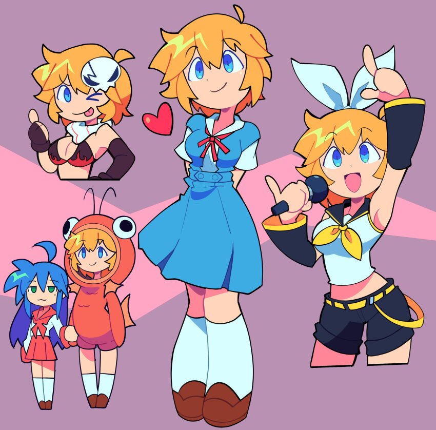 2girls absurdres bacun blonde_hair blue_eyes blue_hair cosplay crossover fish_costume heart highres izumi_konata kagamine_rin kagamine_rin_(cosplay) lucky_star multiple_girls neon_genesis_evangelion patricia_martin pink_background ryouou_school_uniform school_uniform tengen_toppa_gurren_lagann tokyo-3_middle_school_uniform vocaloid yoko_littner yoko_littner_(cosplay)
