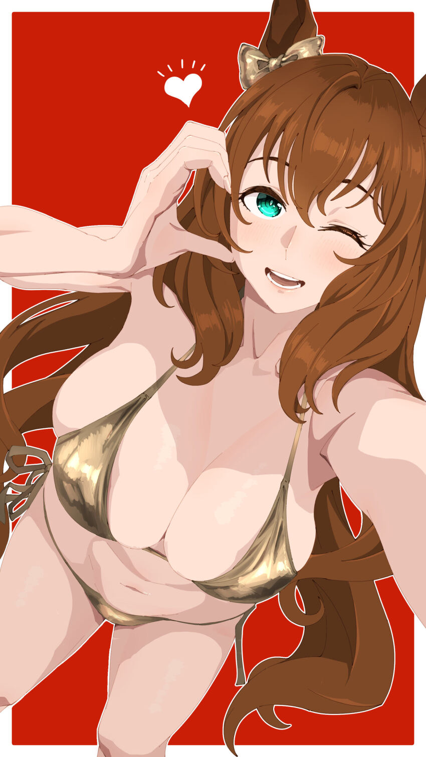 1girl absurdres alternate_costume animal_ears armpits bikini breasts brown_hair cleavage collarbone commentary_request feet_out_of_frame from_above gold_bikini half-heart_hands heart highres horse_ears horse_girl horse_tail kumabachi315 large_breasts long_hair maruzensky_(umamusume) navel one_eye_closed open_mouth outside_border red_background smile solo stomach swimsuit tail umamusume very_long_hair