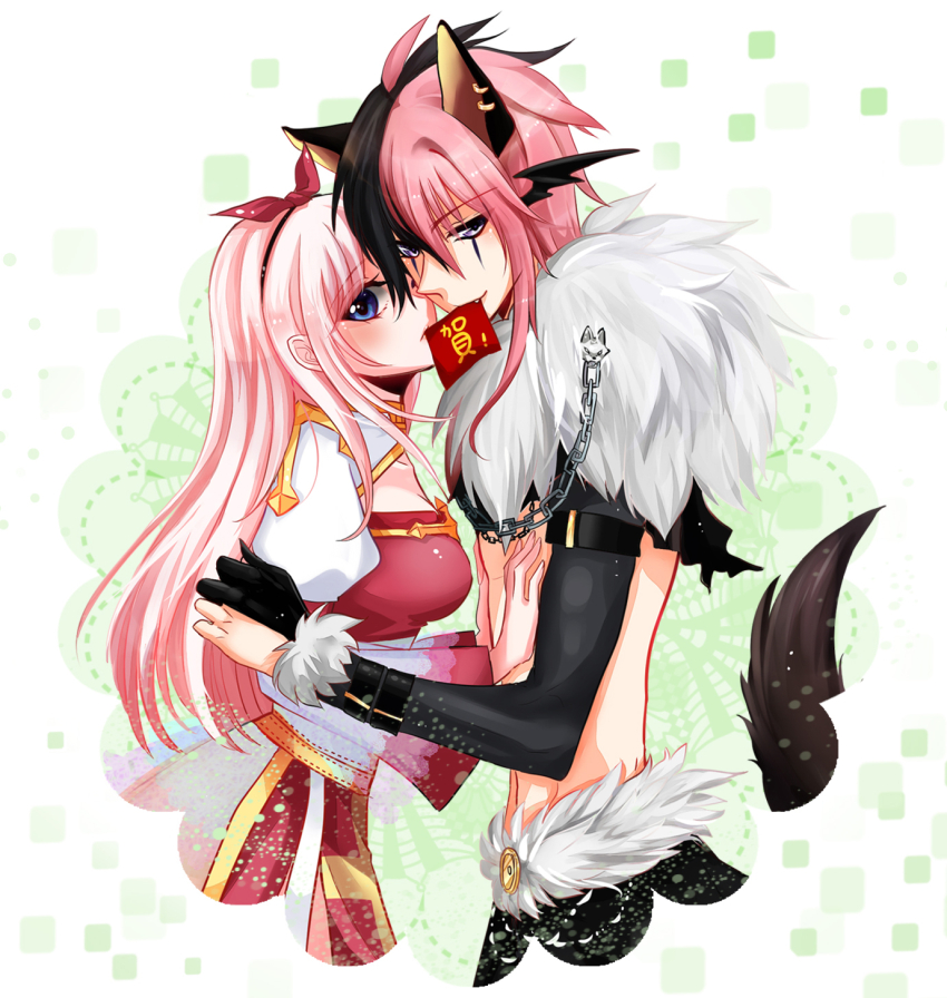 1boy 1girl ahoge animal_ear_piercing animal_ears arch_bishop_(ragnarok_online) bishounen black_eyeliner black_gloves black_hair black_wings blue_eyes blush breasts cleavage_cutout clothing_cutout commentary_request cowboy_shot cross dress ear_wings earrings elbow_gloves eyeliner facepaint fang gloves hair_between_eyes hands_on_another&#039;s_chest hands_on_another&#039;s_shoulder hetero highres hongbao jewelry juliet_sleeves lanmei_jiang long_bangs long_hair long_sleeves looking_at_viewer looking_to_the_side makeup medium_breasts multicolored_hair multiple_earrings open_mouth partially_fingerless_gloves pelvic_curtain pink_hair puffy_sleeves ragnarok_online red_dress shadow_chaser_(ragnarok_online) sidelocks smile split-color_hair tail two-tone_dress variant_set white_dress wings wolf_boy wolf_ears wolf_tail