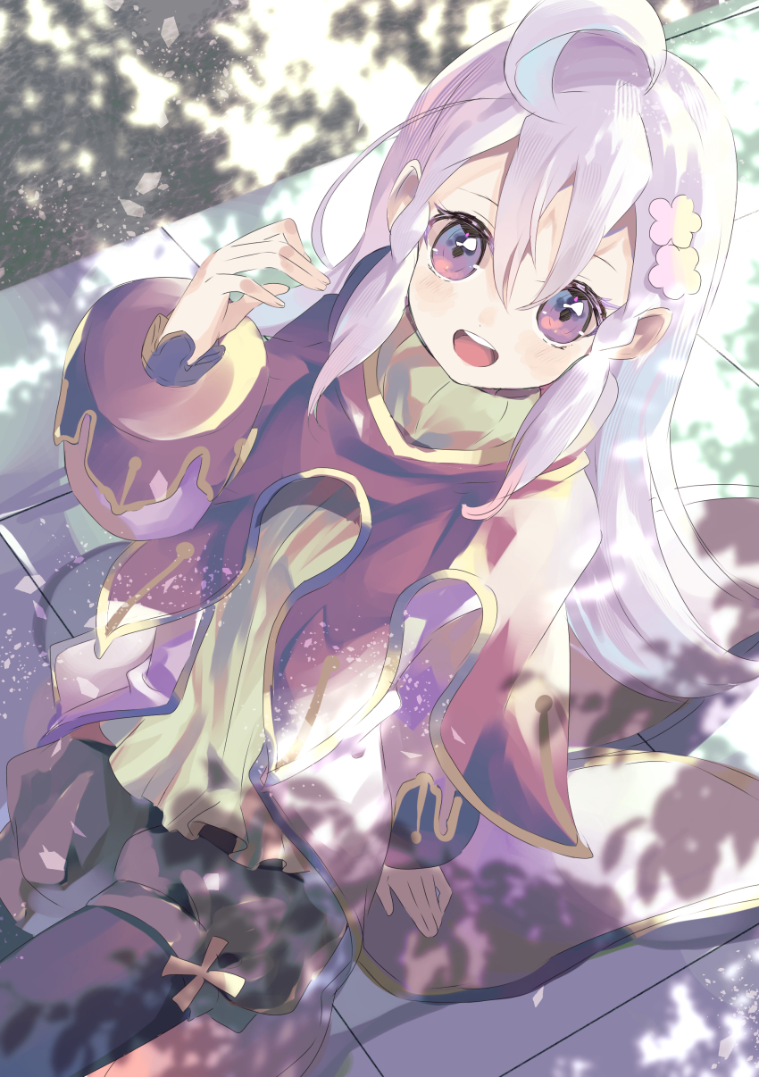 1girl absurdres ahoge aromage_jasmine blush duel_monster flower hair_between_eyes hair_flower hair_ornament hand_on_ground highres long_hair long_sleeves looking_at_viewer looking_up open_mouth purple_eyes shade sitting smile solo white_hair winegrapeivy yu-gi-oh!