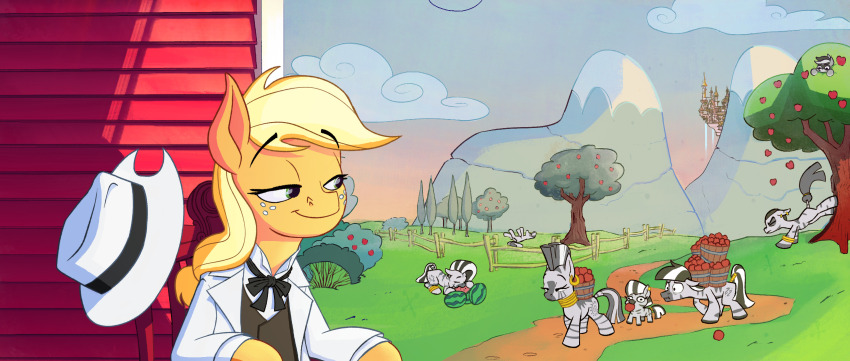 4boys 4girls animal_ears anontheanon apple apple_tree applejack black_vest bucket bush chair cloud cutie_mark day food freckles fruit green_eyes hat highres horse horse_ears jacket multiple_boys multiple_girls my_little_pony my_little_pony:_friendship_is_magic on_chair orange_fur outdoors pony_(animal) sitting toon_(style) tree vest water waterfall watermelon white_fur white_hat white_jacket zebra zecora