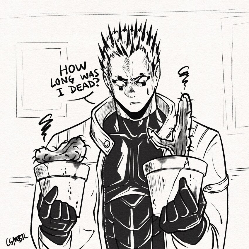 1boy abs cactus coat collarbone commentary crack csmbtc dorohedoro english_commentary english_text flower_pot gloves greyscale highres holding holding_flower_pot inktober male_focus monochrome plant potted_plant risu_(dorohedoro) short_hair signature solo spiked_hair sweatdrop thick_neck upper_body