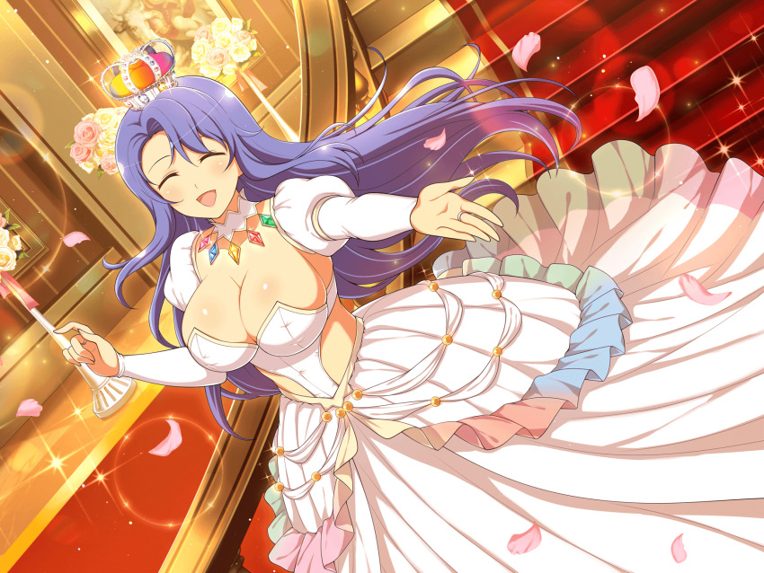 1girl ^_^ blue_gemstone blue_hair blush breasts bull choker cleavage closed_eyes crown detached_sleeves dress falling_petals flower frilled_dress frills gem green_gemstone highres jewelry large_breasts leaf long_hair nachi_(senran_kagura) official_art open_mouth painting_(object) petals pink_flower pink_gemstone pink_ribbon princess reaching reaching_towards_viewer red_carpet red_gemstone ribbon ring senran_kagura senran_kagura_new_link senran_kagura_new_wave smile solo stairs strapless strapless_dress white_dress yaegashi_nan yellow_flower yellow_gemstone