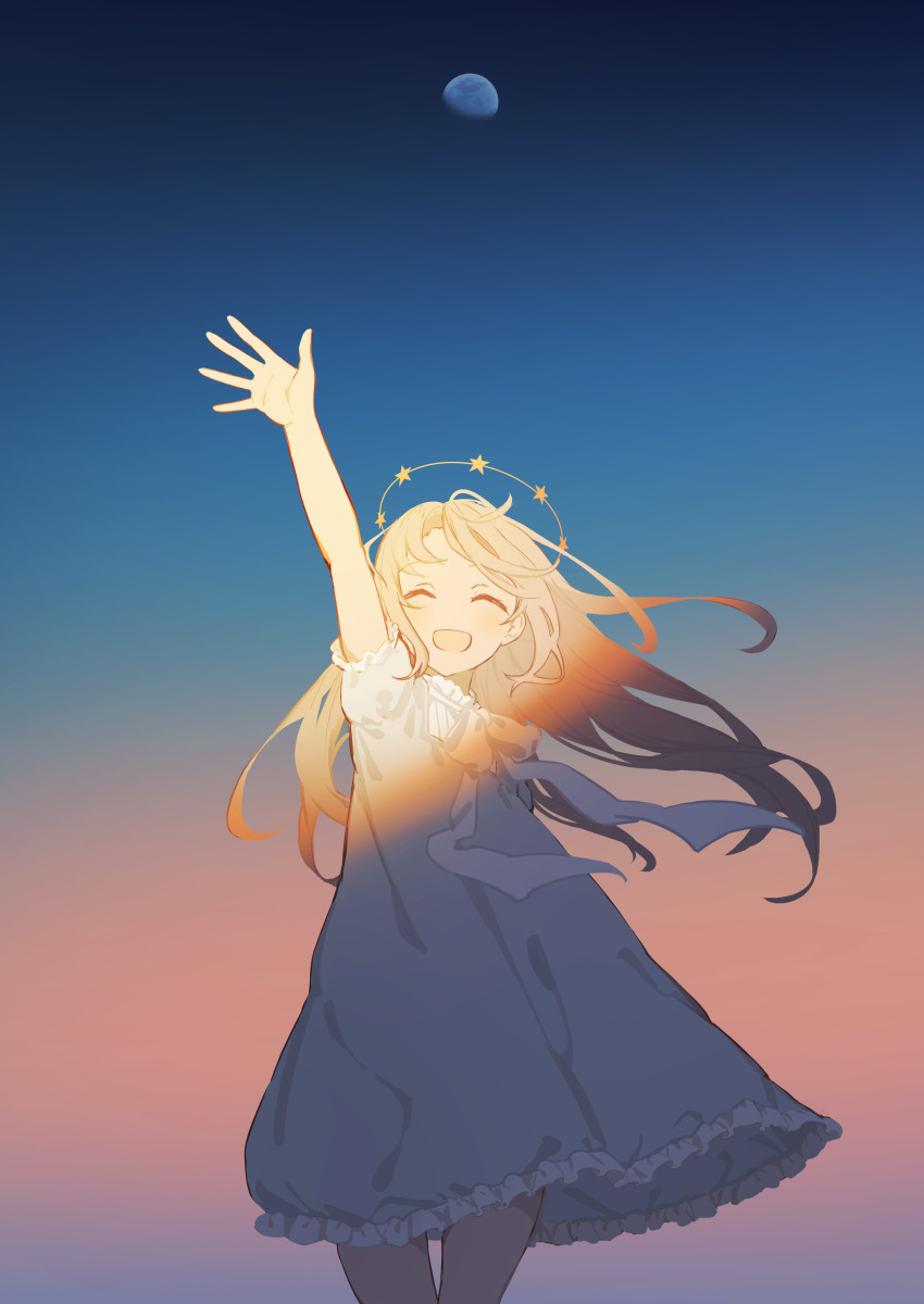 1girl ^_^ absurdres alt_(apou) arm_up blonde_hair blue_sky blush closed_eyes commentary dress english_commentary facing_viewer feet_out_of_frame floating_hair frilled_dress frills gibbous_moon gradient_sky grey_dress halo highres long_hair moon neck_ribbon open_mouth original outdoors puffy_short_sleeves puffy_sleeves ribbon shade short_sleeves sky smile solo standing star_halo twilight waving