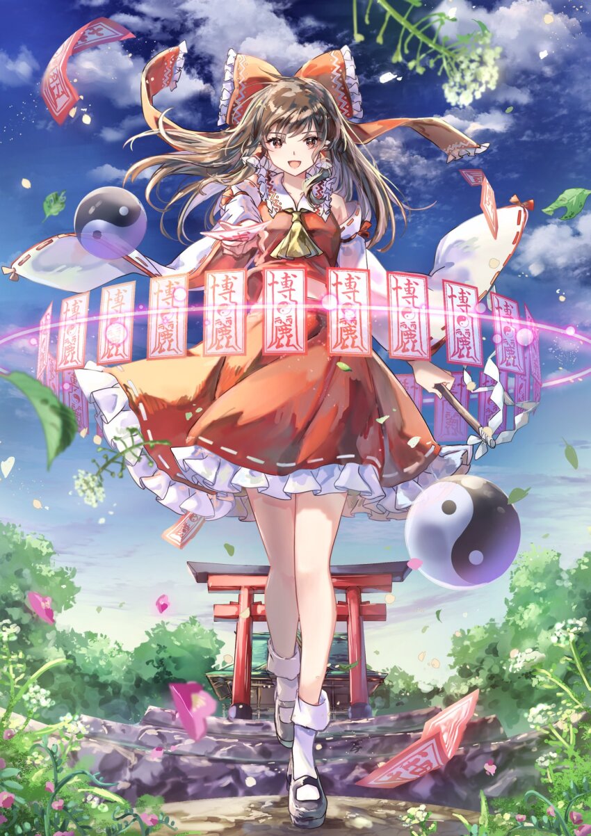 1girl ankle_socks ascot bare_shoulders black_shoes blue_sky blurry blurry_foreground bow brown_eyes brown_hair cloud cloudy_sky collared_shirt commentary falling_petals floating_hair flower foreshortening frilled_bow frilled_hair_tubes frilled_shirt_collar frilled_skirt frills full_body gohei grass hair_tubes hakurei_reimu hakurei_shrine highres holding holding_gohei holding_ofuda leaf long_hair long_sleeves looking_at_viewer mary_janes nanop38 nature nontraditional_miko ofuda orb petals pink_flower plant red_bow red_ribbon red_shirt red_skirt ribbon ribbon-trimmed_skirt ribbon-trimmed_sleeves ribbon_trim shide shirt shoes shrine skirt skirt_set sky sleeveless sleeveless_shirt socks solo stairs stone_stairs torii touhou tree two-sided_fabric two-sided_sleeves walking white_flower white_sleeves white_socks wide_sleeves wind yellow_ascot yin_yang yin_yang_orb