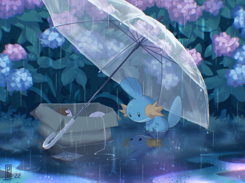 blue_skin box cardboard_box colored_skin deborah_kim flower gen_3_pokemon highres hydrangea looking_at_reflection mudkip nintendo no_humans outdoors poke_ball poke_ball_(basic) pokemon pokemon_(creature) rain reflection solo umbrella