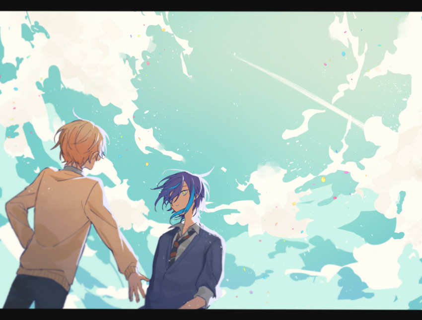 2boys black_necktie black_pants blue_hair blue_sky cardigan cloud cloudy_sky collared_shirt commentary_request contrail cowboy_shot day diagonal-striped_clothes diagonal-striped_necktie facing_away from_behind grey_cardigan hair_over_one_eye kamishiro_rui kamiyama_high_school_uniform_(hyouka) letterboxed long_sleeves looking_at_another male_focus multicolored_hair multiple_boys necktie one_eye_covered orange_hair outdoors pants parted_lips project_sekai purple_hair red_necktie school_uniform shirt short_hair sidelocks sky sseri_0 standing streaked_hair striped_clothes striped_necktie tenma_tsukasa white_shirt yellow_cardigan yellow_eyes