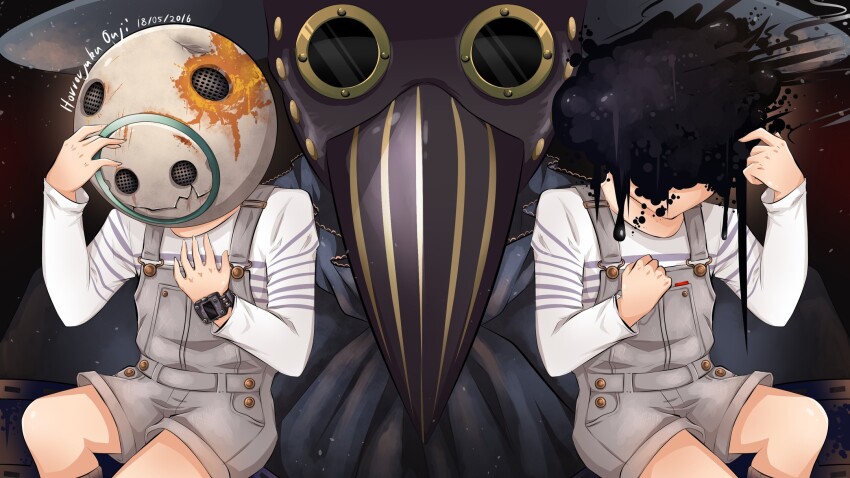 artist_name child close-up covered_face crack dated grey_overalls helmet highres horrorjuku_ouji ink kyokugen_dasshutsu long_sleeves overall_shorts overalls plague_doctor_mask q_(kyokugen_dasshutsu) rust shirt spoilers striped_clothes striped_shirt wide_brim zero_escape:_toki_no_dilemma zero_ii_(kyokugen_dasshutsu)