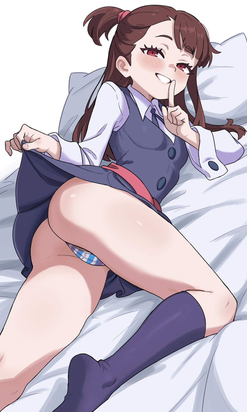 1girl absurdres ass asymmetrical_bangs bed bed_sheet blue_panties blush breasts brown_hair cameltoe clothes_lift collared_shirt cutiemachina dress dress_lift finger_to_mouth grin highres index_finger_raised kagari_atsuko lifting_own_clothes little_witch_academia loli long_hair long_sleeves looking_at_viewer luna_nova_school_uniform lying no_shoes on_bed on_side one_side_up panties pillow pinafore_dress red_eyes school_uniform shirt shushing skirt skirt_lift sleeveless sleeveless_dress small_breasts smile socks solo striped_clothes striped_panties thighs underwear white_background white_shirt