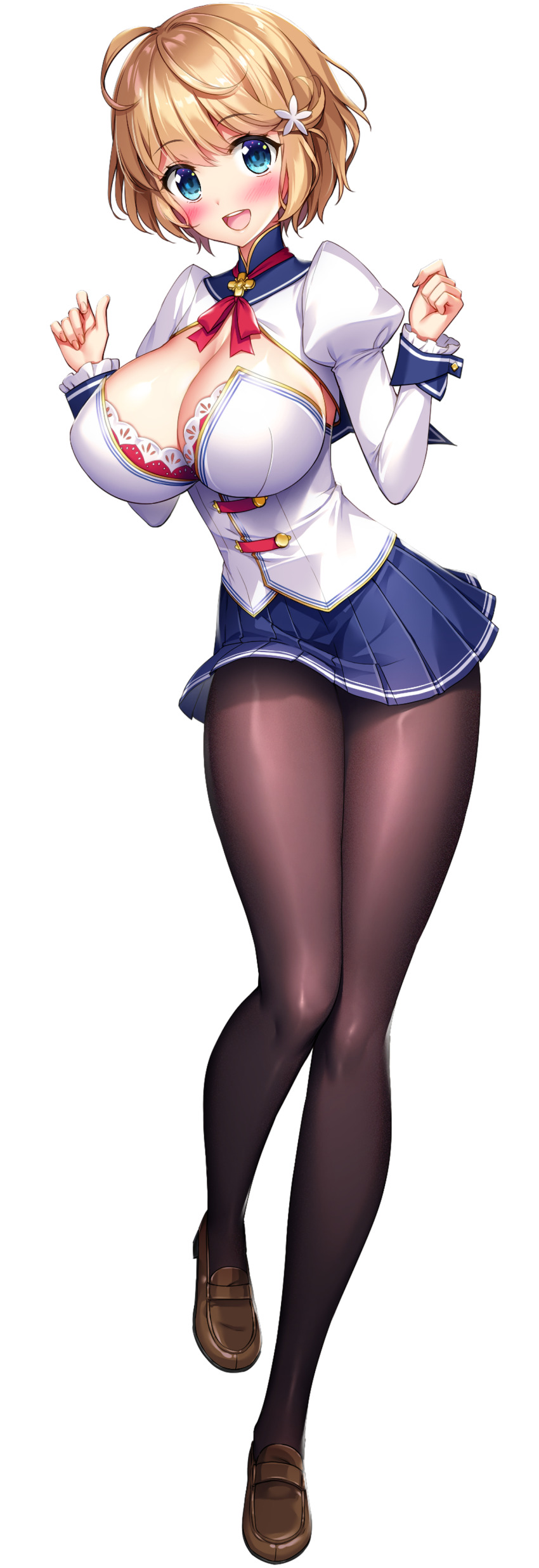 1girl absurdres black_pantyhose blue_eyes blue_skirt blush breasts brown_hair brown_shoes cleavage cleavage_cutout clothing_cutout derauea flower_hairpin full_body game_cg highres juliet_sleeves large_breasts leg_up long_sleeves looking_at_viewer milk_factory motto!_haramase!_honoo_no_oppai_chou_ero_appli_gakuen! non-web_source official_art open_mouth pantyhose pleated_skirt puffy_sleeves red_ribbon ribbon school_uniform shirt shoes short_hair skirt smile solo standing tachi-e teeth transparent_background upper_teeth_only w_arms white_shirt yutani_hinata