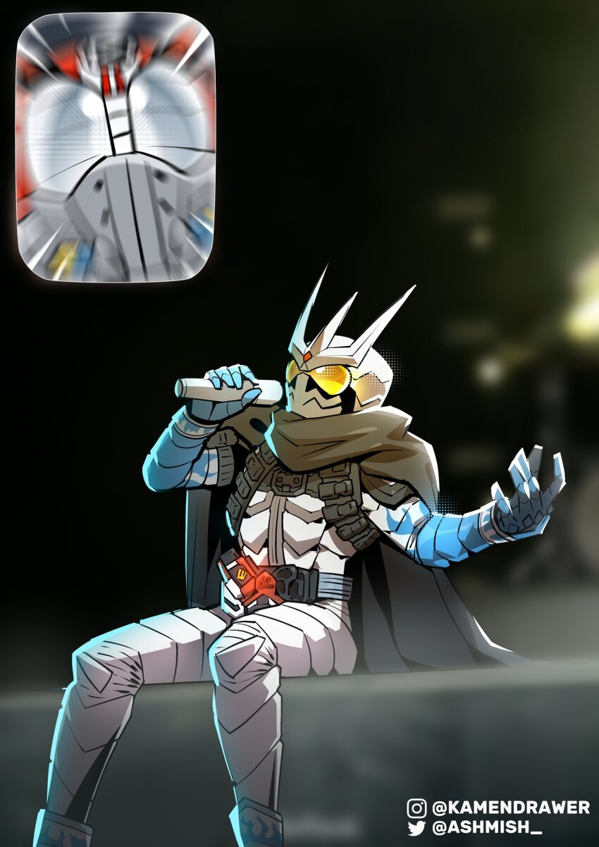 2boys actor_connection ashmish black_cloak cloak fan_screaming_at_madison_beer_(meme) highres holding holding_microphone instagram_username kamen_rider kamen_rider_drive kamen_rider_drive_(series) kamen_rider_eternal kamen_rider_w lost_driver male_focus matsuoka_mitsuru_(actor) meme microphone motion_blur multiple_boys sitting twitter_username