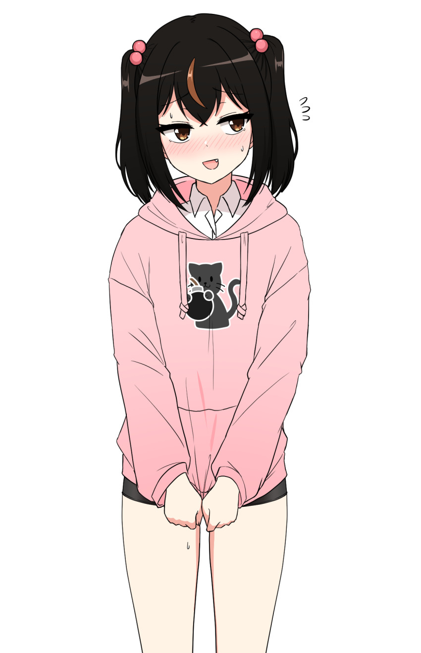 1girl bamiko_(nanju_bami) black_skirt brown_eyes brown_hair commentary highres hood hoodie looking_at_viewer medium_hair multicolored_hair nanju_bami original pink_hoodie shirt simple_background skirt socks thighs twintails two-tone_hair white_background white_shirt white_socks